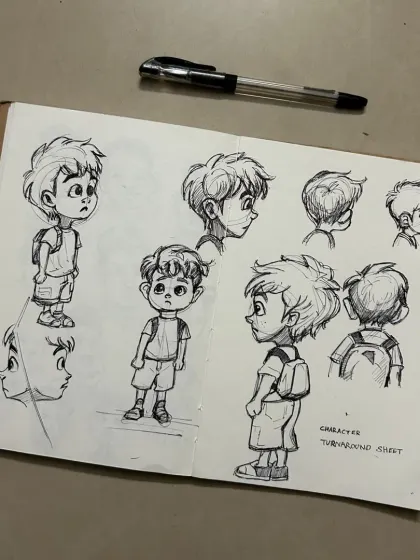 A character turnaround sheet I sketched in my book. This is an important step in character design to understand how they look from all angles.