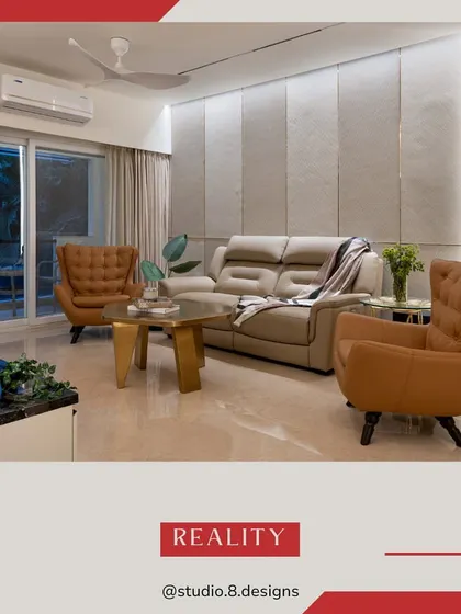 The completed living room, where the custom tufted armchairs and plush sofa bring warmth and comfort to the sleek, paneled design.
