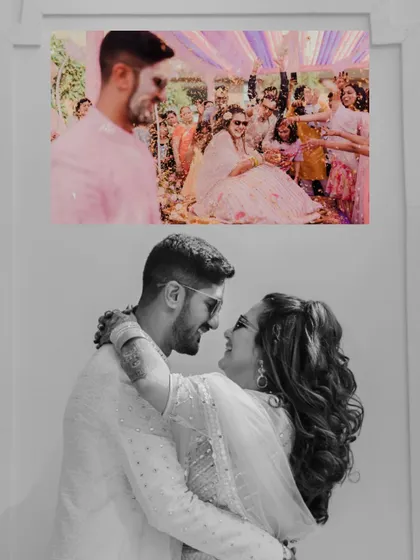 A collage blending a romantic black and white portrait with a vibrant, colourful shot from the Haldi ceremony, showing both the tender and playful sides of their relationship.