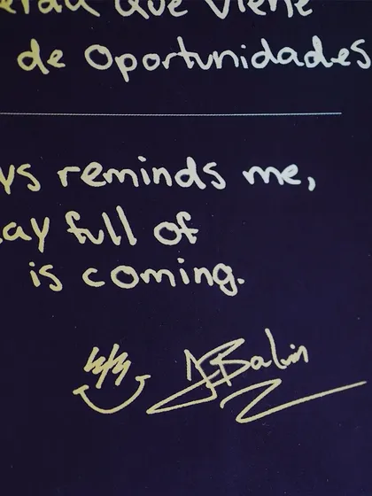 A detail from the J Balvin Jordan 3 box, featuring his signature and an inspirational message, making the packaging as special as the shoes.