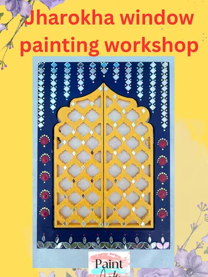 A finished Jharokha window painting, a unique and traditional art form we teach in our workshops. This makes for a stunning piece of home decor.