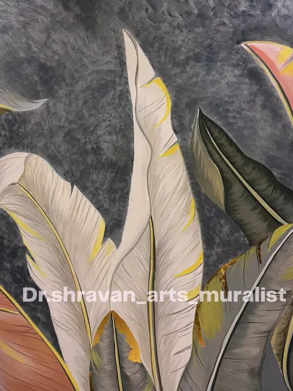This is a greyscale tropical mural with subtle hints of yellow and gold. This style is perfect for creating a sophisticated, modern take on the popular tropical theme.