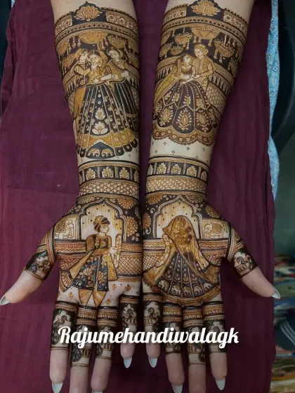 This design features multiple portraits, including the bride and groom and their parents, all woven into a beautiful and intricate full-arm mehendi.