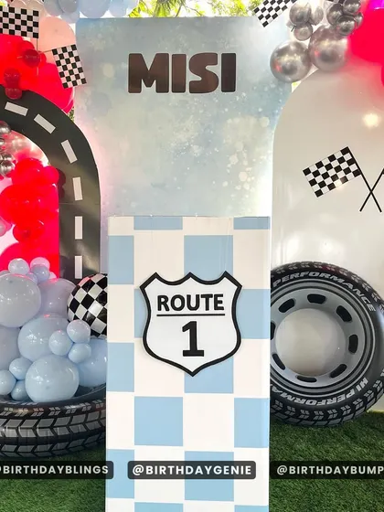 A detail shot of the "Route 1" plinth and the custom-designed backdrops.