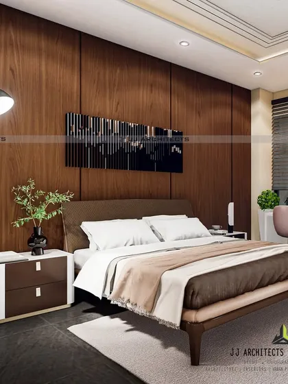 A 3D render for a master bedroom, featuring a warm wood-paneled wall, a dedicated study nook, and modern lighting. We design bedrooms to be calm, functional, and personal sanctuaries.