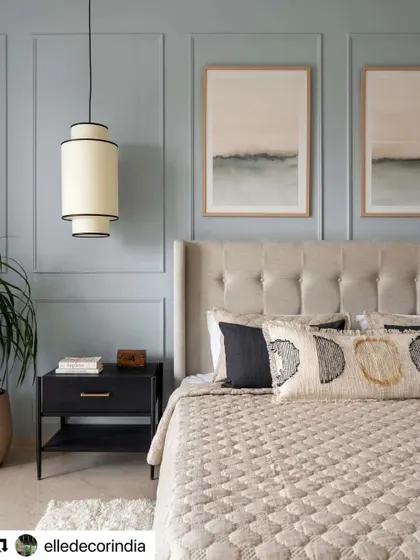 Another view of the master bedroom in the Neutral Chic home, featured in Elle Decor. The design cultivates a richly layered and neutral ambiance.