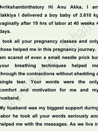 This mother, who is scared of even a small needle prick, got through 19 hours of contractions without a single tear by using the breathing techniques I teach. Her husband was her biggest support.