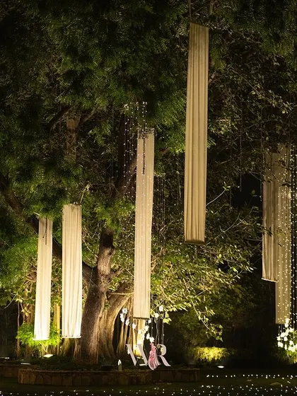 An enchanting detail where a large tree is decorated with hanging drapes and strings of lights, turning it into a natural art installation and a focal point of the decor.