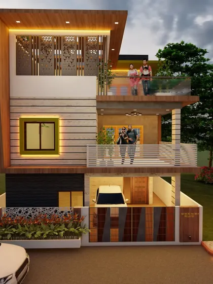 This elevation design incorporates multiple balconies for family use. We've used a combination of wood paneling, jali screens, and glass railings to ensure both safety and style.