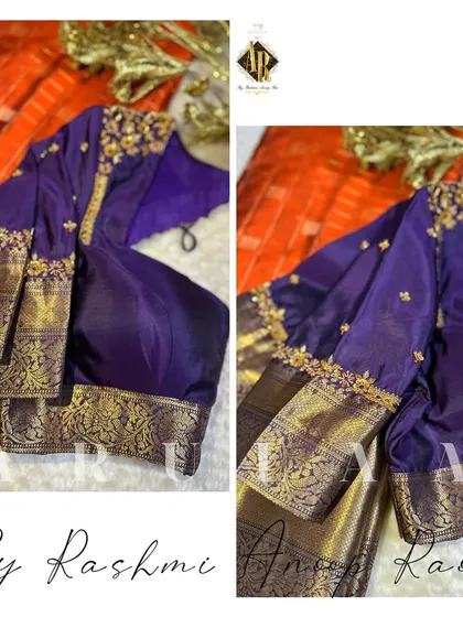 A rich violet blouse designed to complement an orange Kanjivaram saree. The sleeves feature the saree's original zari border, enhanced with delicate floral embroidery on top.