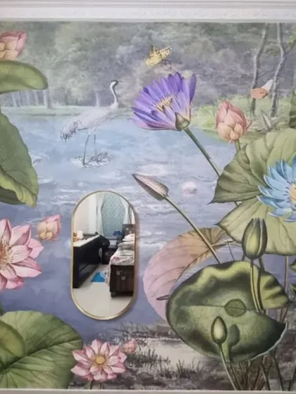 A vibrant and colorful water lily pond mural, turning the wall into a stunning piece of impressionistic art.