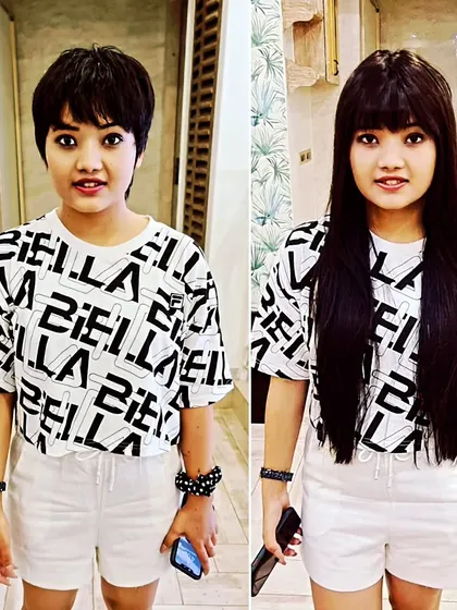 The same client, showcasing her dramatic new length. It's a complete style reinvention that looks incredibly natural.
