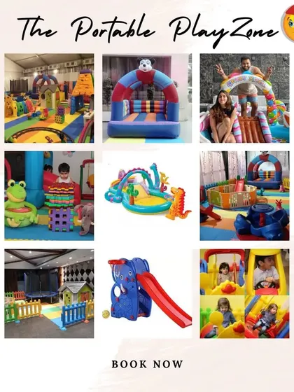 The portable playzone. This nine-grid collage showcases the wide variety of toys and setups I offer, including a dinosaur-themed water pool, a bouncy castle, a trampoline, and an elephant slide.