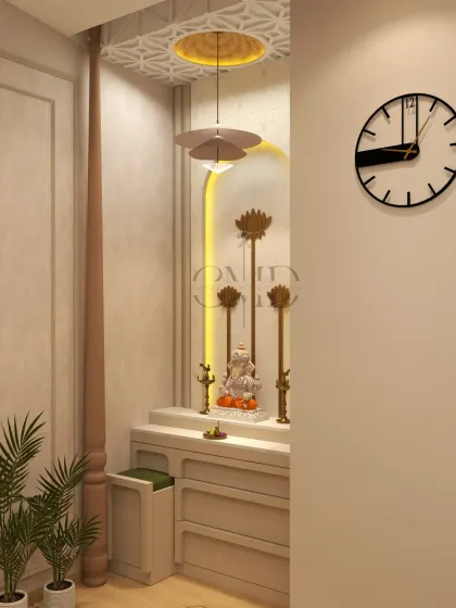 This serene mandir space, attached to a bedroom, features a CNC-cut dome ceiling, lotus-inspired metalwork, and teak wood accents for divine harmony.