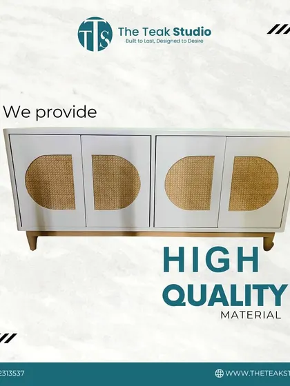 A modern credenza featuring white doors with semi-circular cane webbing inserts. This piece blends natural textures with a clean, contemporary frame, perfect for adding a touch of boho chic to any space.