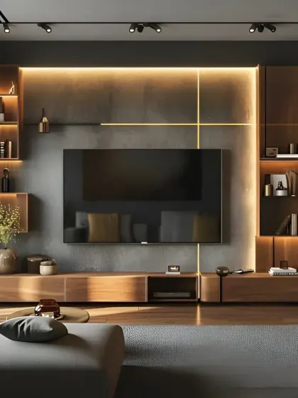 This dark and moody entertainment unit uses a textured grey wall and dramatic backlighting to create a cinematic feel. The long wooden console offers ample storage, while the asymmetrical shelving adds a modern touch.