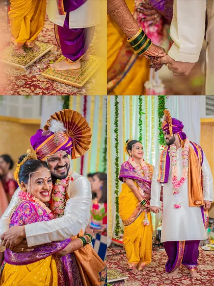 A collage showing the emotional and joyful moments of a Maharashtrian wedding, from the first steps together to a happy embrace.