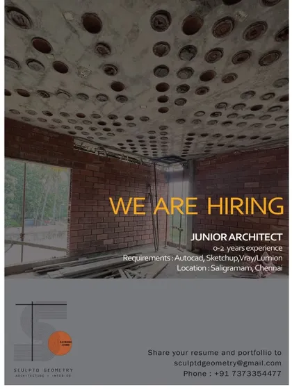 Sculptd Geometry in Chennai is hiring a Junior Architect with 0-2 years of experience, requiring skills in Autocad, Sketchup, and Vray/Lumion.