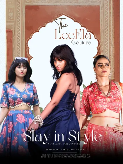 A promotional poster from one of our fashion showcases, featuring three distinct looks: a floral lehenga, a navy gown, and a red ethnic set. This shows the variety we offer, from traditional to modern.