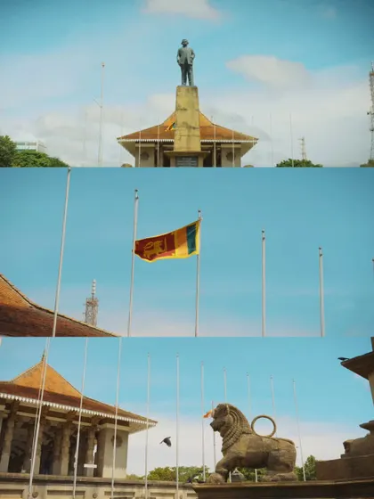 A collage of patriotic and historical scenes from Independence Memorial Hall in Colombo, featuring the Sri Lankan flag and stone lion statues.
