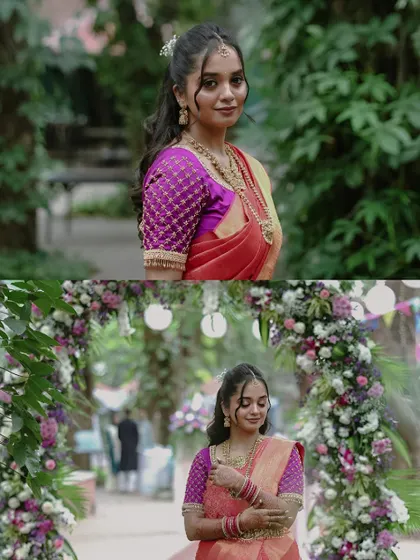A two-part collage showing the bride's portraits. The top is a classic headshot, while the bottom shows her walking through a beautiful floral arch, capturing her elegance in the wedding setting.