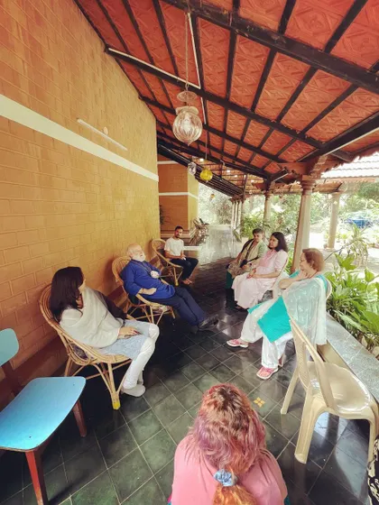 A relaxed and joyful time after a Sunday Satsang at our retreat. After meditation and chanting, we love to simply sit together, chat, and enjoy the peaceful atmosphere and good company.