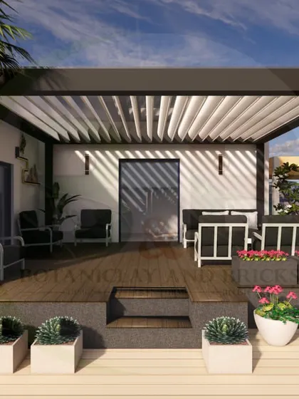 This 3D render shows a modern, black-framed pergola with a retractable roof. The structure is built on a raised wooden deck and includes integrated planters, creating a chic and versatile outdoor room.