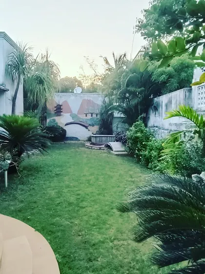 A view of a mature garden with a mix of palms, shrubs, and a well-maintained lawn, creating a private and tranquil backyard.