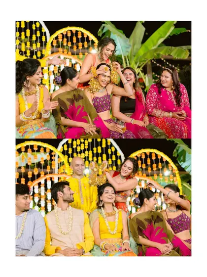 Fun and playful moments from a Haldi ceremony, with the bride and her friends enjoying the festivities.