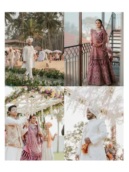 A collage capturing the key moments of the wedding ceremony, from the groom's arrival to the bride's entrance.