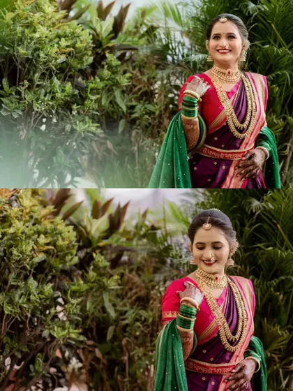 A two-panel image showing the bride in a beautiful outdoor setting, capturing both a smiling portrait and a more candid, thoughtful moment.