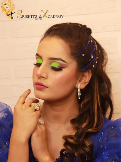 A bold and creative makeup look with neon green eyeshadow. This demonstrates our ability to play with color and create unique, eye-catching styles.