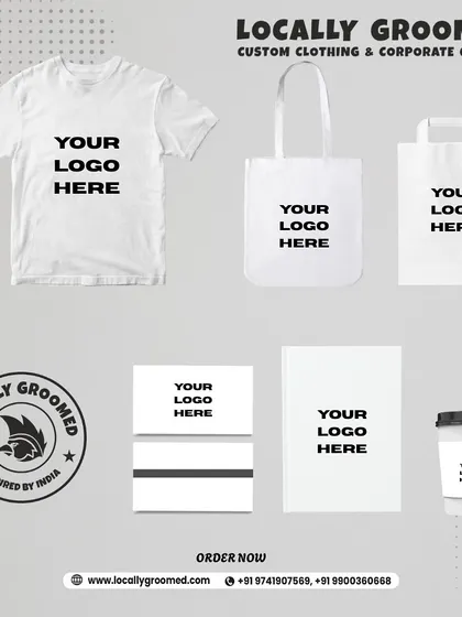 An illustration of the different items we can customize with your logo. This includes t-shirts, tote bags, paper bags, notebooks, and coffee cups, showing the breadth of our branding capabilities.