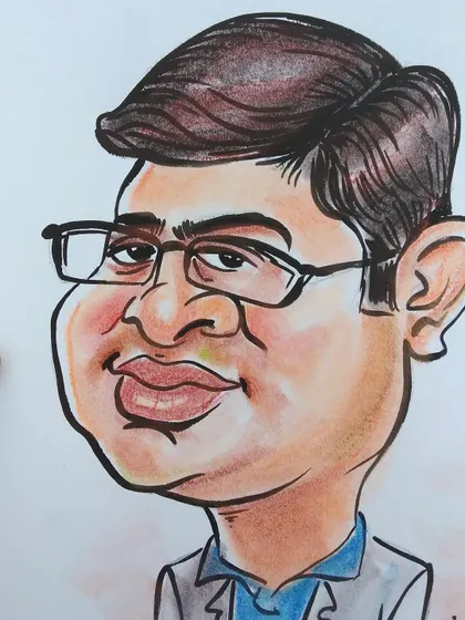 A close-up of a colored caricature. The watercolor adds depth and warmth, turning a quick sketch into a more finished piece of art.
