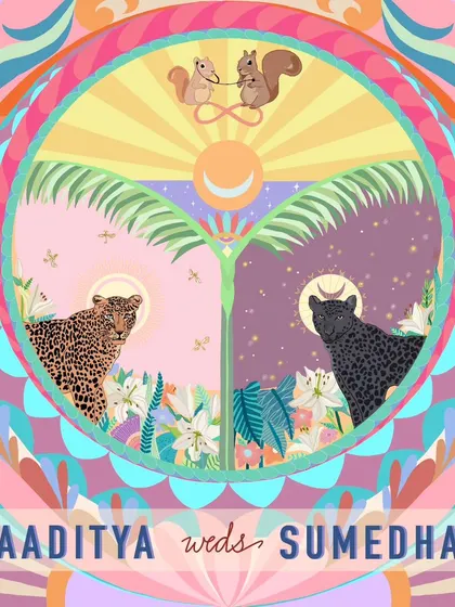 A full view of the custom wedding invite cover, combining the couple's story into a single, harmonious design. It features their spirit animals, a day and night theme, and a fun caricature of them as squirrels, all enclosed within a vibrant, multi-colored mandala-like border.