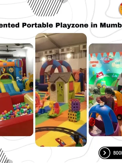 Rented portable playzone in Mumbai. This collage shows three different setups, including a large ball pit, a tented indoor area, and an interactive car wash station.