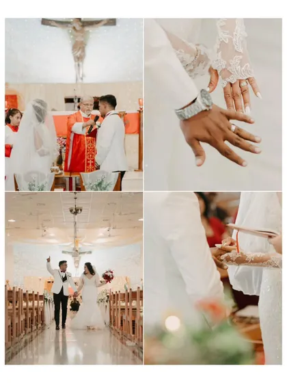 A collage of key moments from the church ceremony, including the ring exchange and the joyful exit down the aisle.