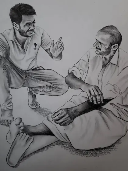 This A3 size graphite drawing was a commission to capture a candid moment between two people. The challenge was to draw their relaxed postures and interaction realistically from a photo.