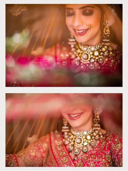 A creative collage of the bride smiling, shot through a pink, hazy filter. This artistic effect adds a dreamy and romantic quality to her portraits.