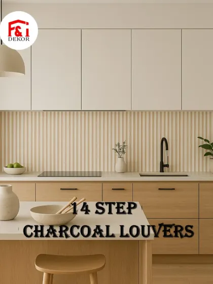 Yeh 14-step charcoal louvers kitchen backsplash ke liye ek unique aur modern option hain. Yeh clean karne mein aasan aur dekhne mein behad stylish hain.
