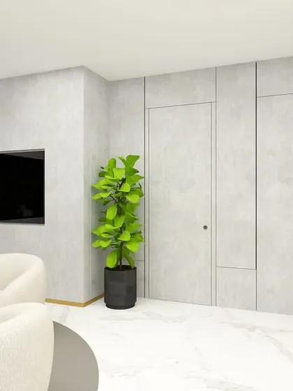 This view of the render highlights the seamless, integrated door and paneling on the wall, demonstrating a minimalist approach where functional elements are hidden within the design.