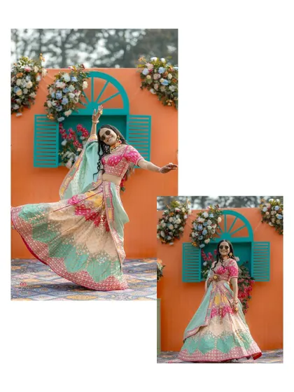 The bride twirling in her colorful lehenga during her Mehendi function, set against a vibrant and beautifully decorated backdrop.