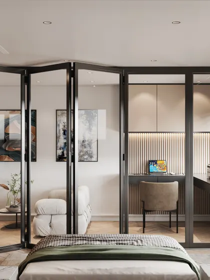 This render shows the studio apartment's flexible layout, with a folding glass partition separating the bedroom from the workspace for privacy and openness.