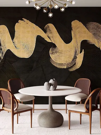 The Beat wallcovering from Phillip Jeffries features a sweeping, free-flowing brushstroke in metallic gold. This grand gesture infuses the dining space with an illusion of depth, perspective, and undeniable artistic flair.