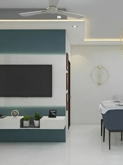 An open-concept design where the TV unit also serves the dining area. The console features a two-tone design in white and teal, with a glass-fronted display cabinet on the side.