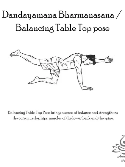 Dandayamana Bharmanasana (Balancing Table Top Pose) improves balance, strengthens the core and lower back, and helps to elongate the spine.