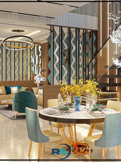 This 3D render illustrates an open-plan living and dining area. We used a stylish geometric partition to create a sense of separation without closing off the space, maintaining a bright and airy feel.