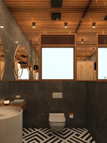 For a client in Nainital, I designed this warm and welcoming bathroom combining stone walls with a wooden slatted ceiling for a unique, rustic feel.