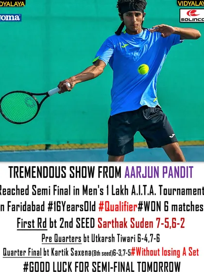 Another semi-final run in a Men's 1 Lakh AITA tournament at just 16 years old. Competing against seasoned pros is a vital part of our development strategy.