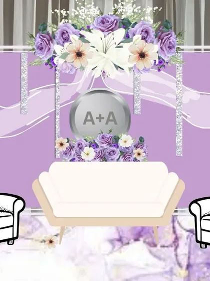 A detailed digital layout for a reception stage, showcasing a lavender and silver color scheme with floral decorations and furniture placement, demonstrating our clear and collaborative design process.